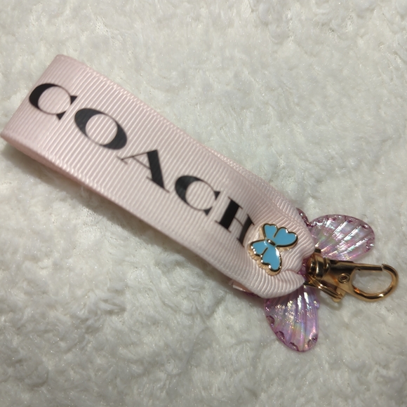 Coach Pink Butterfly Keychain Upcycled Authentic Coach Ribbon Bag Charm - Picture 3 of 4